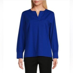 Ming Wang XS Woven Split V-Neck Long Cuffed Sleeve Back Yoke High-Low Hem Blouse
